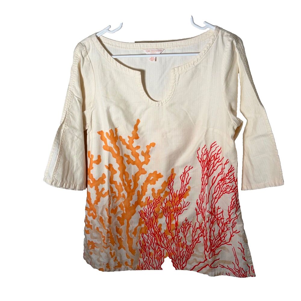 Tori Richard Blouse Women's 10 V-Neck Coral Honolulu Hawaiian Top 3/4 Sleeve